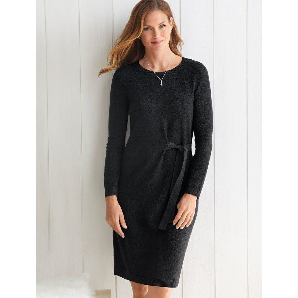 Talbots Petites Side Tie Shimmer Sweater Shift Dress XS Black LBD Festive Party